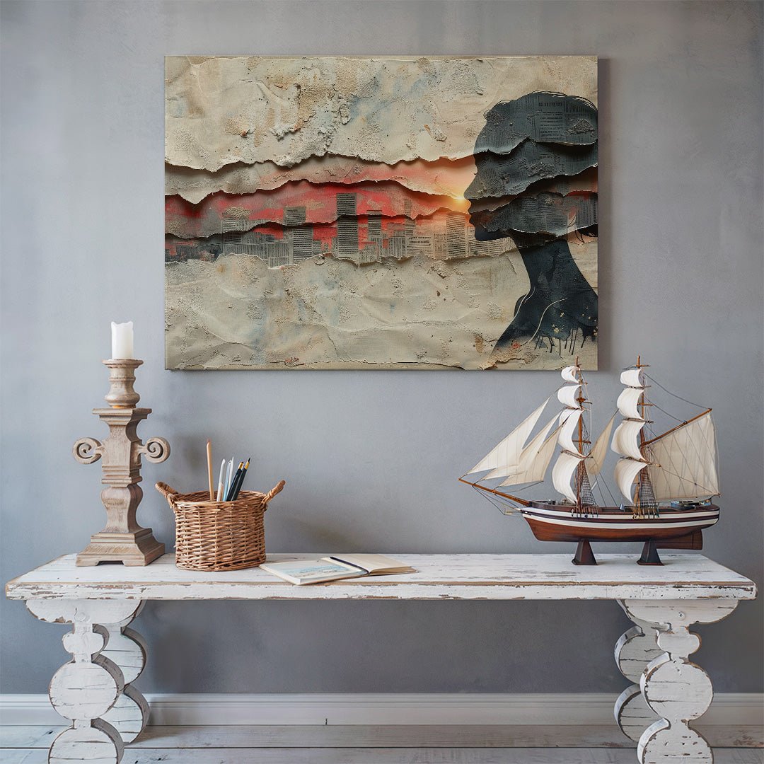 Tablou Canvas rasarit vibrant peste silueta urbana abstracta | The Print Studio