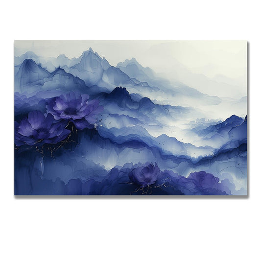 Tablou Canvas peisaj mistic cu flori albastre si munti invaluind orizontul | The Print Studio