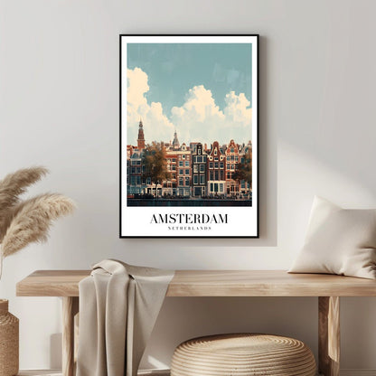 Tablou Canvas case Amsterdam sub cer senin, vibrant si ilustrativ | The Print Studio