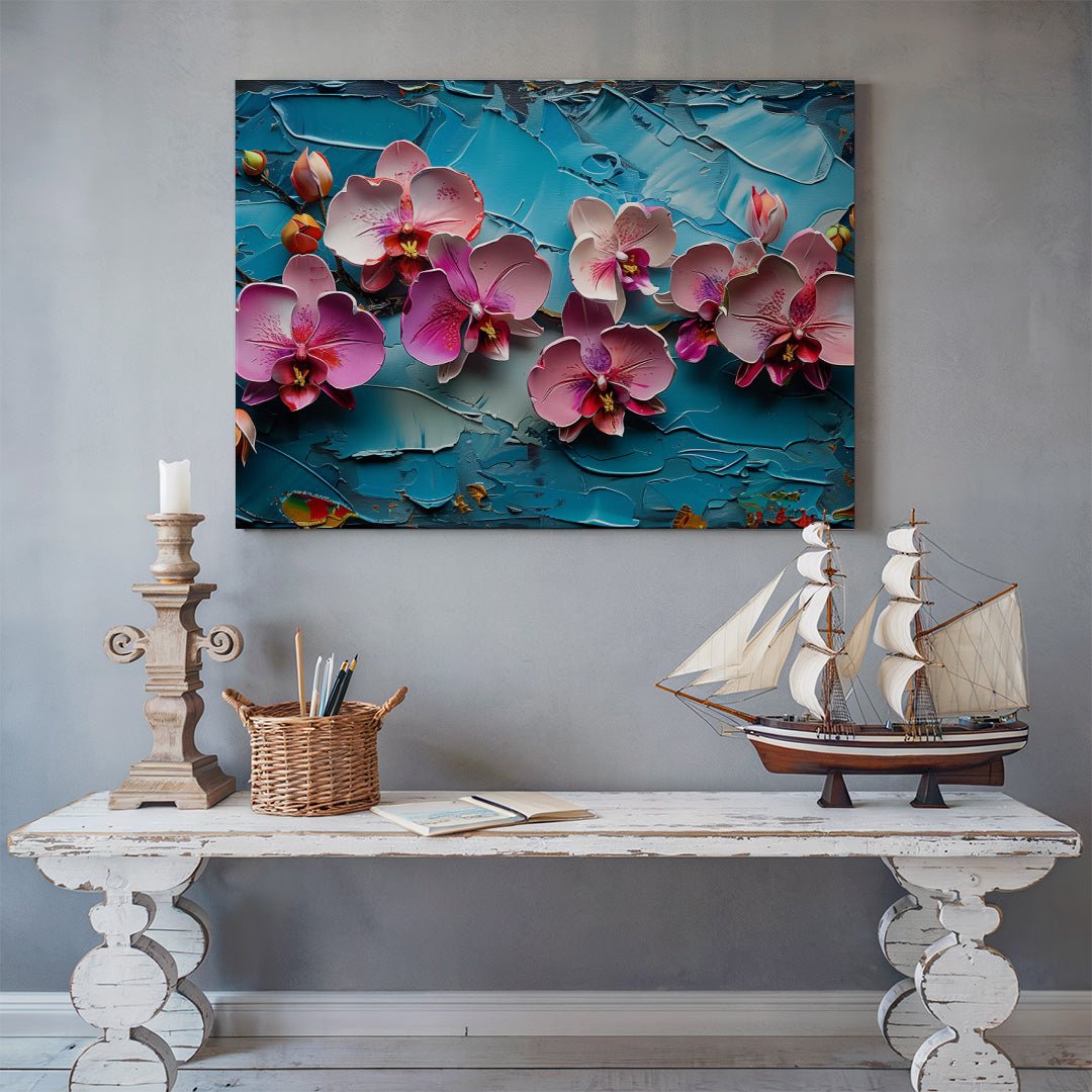 Tablou Canvas orhidee roz pe fundal albastru texturat | The Print Studio