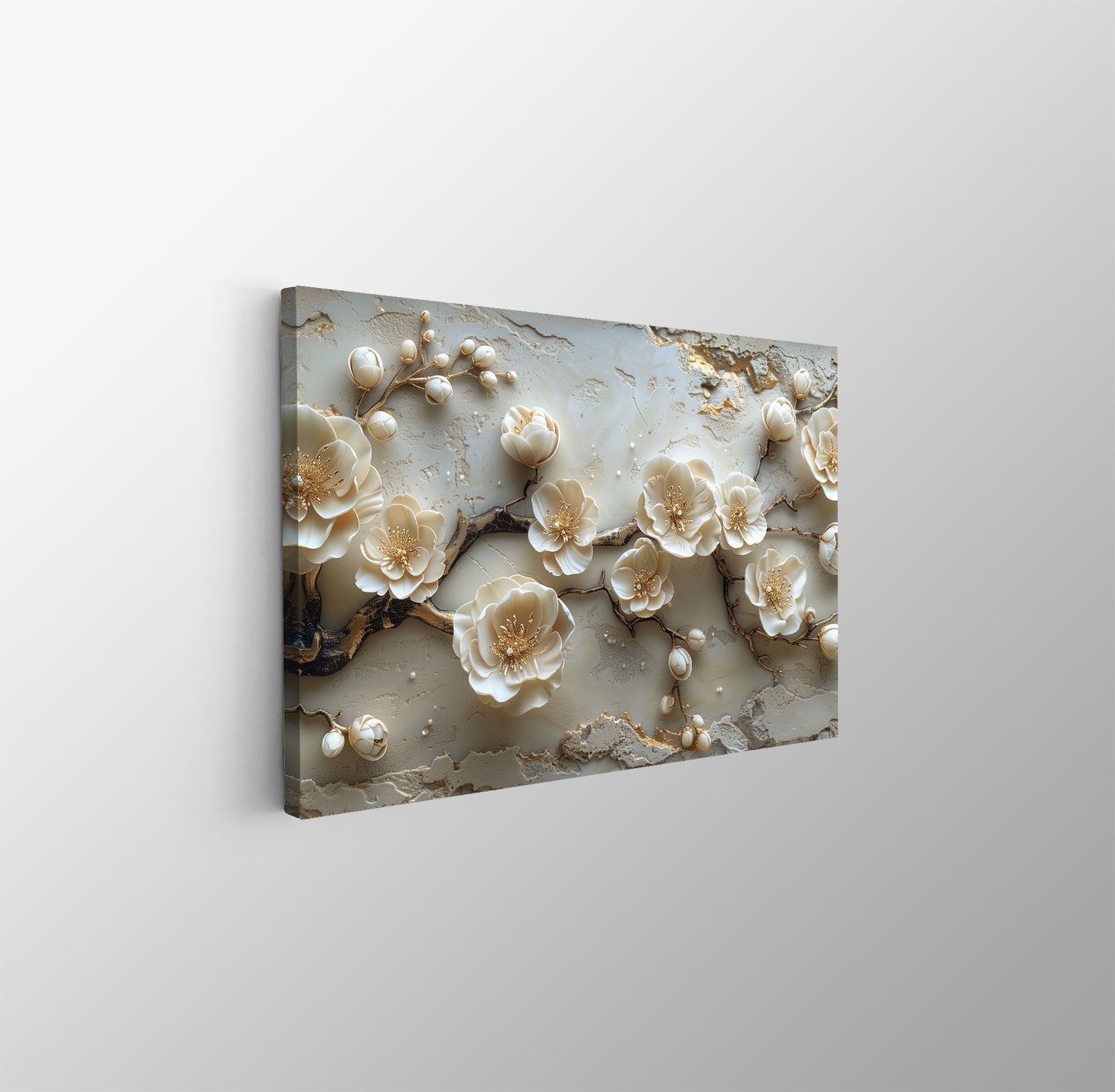 Tablou Canvas flori bej delicate pe ramuri in textura abstracta | The Print Studio