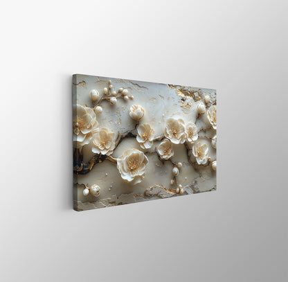 Tablou Canvas flori bej delicate pe ramuri in textura abstracta | The Print Studio