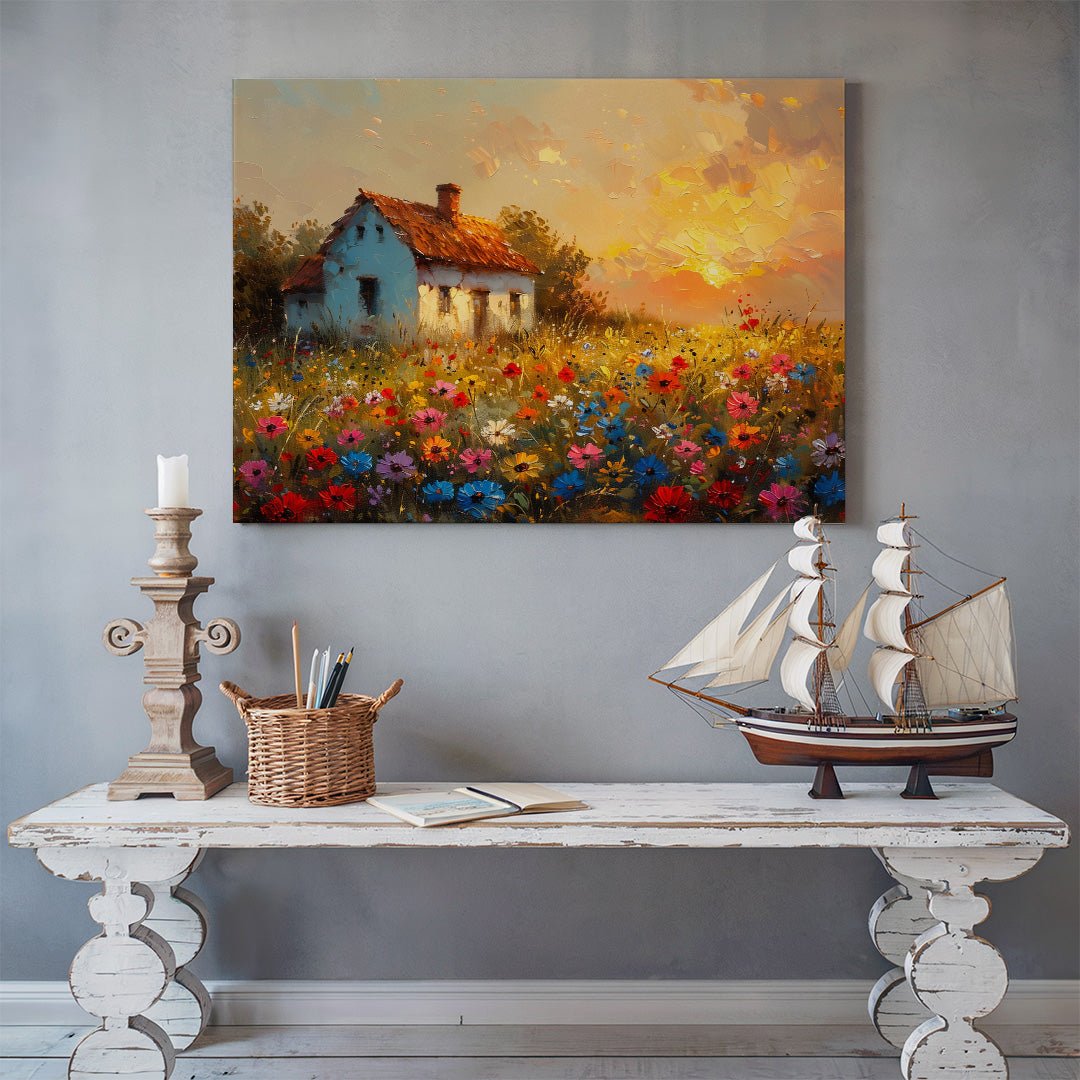 Tablou Canvas casuta rustica si camp de flori in lumina apusului | The Print Studio
