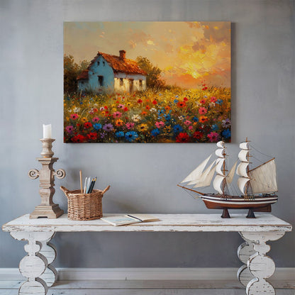 Tablou Canvas casuta rustica si camp de flori in lumina apusului | The Print Studio