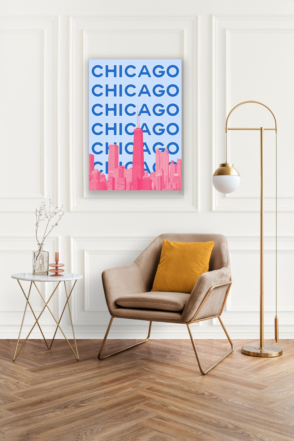 Tablou Canvas Chicago silueta oras colorata roz albastru vibrant | The Print Studio
