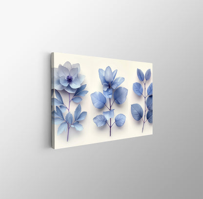 Tablou Canvas frunze albastre si flori delicate stilizate elegante | The Print Studio