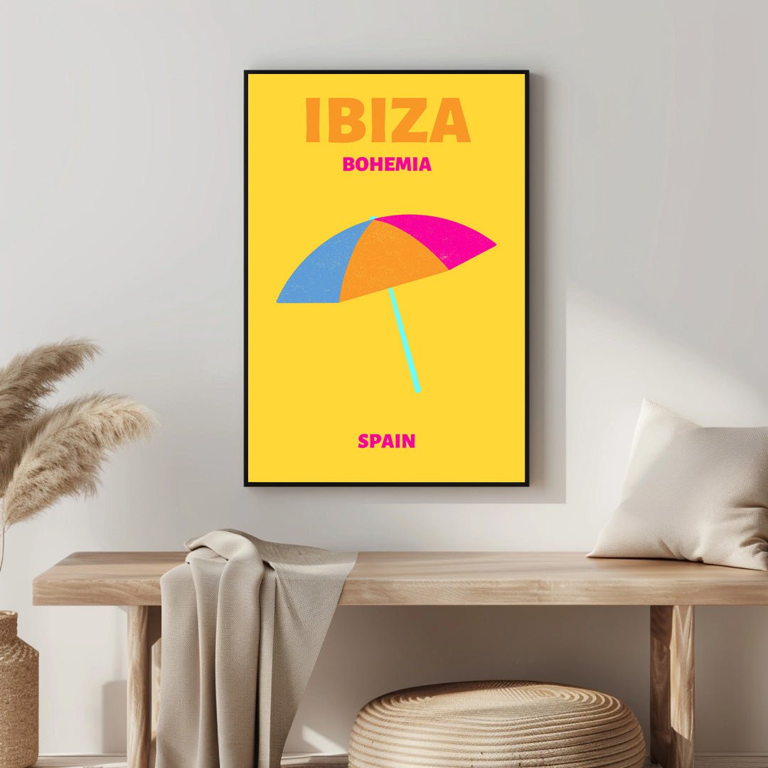 Tablou Canvas umbrela colorata pe plaja Ibiza minimalist | The Print Studio