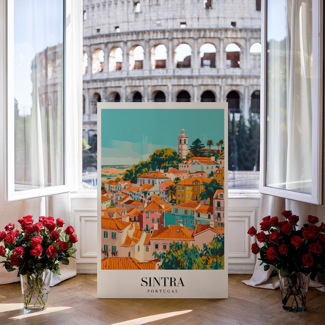 Tablou Canvas Print Sintra: case colorate si turn, stil artistic vibrant