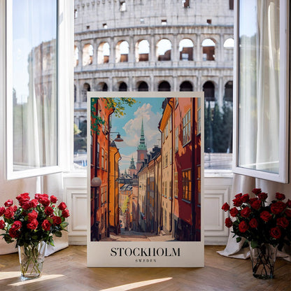 Tablou Canvas Strada Stockholm cu cladiri vesele in stil ilustrativ | The Print Studio