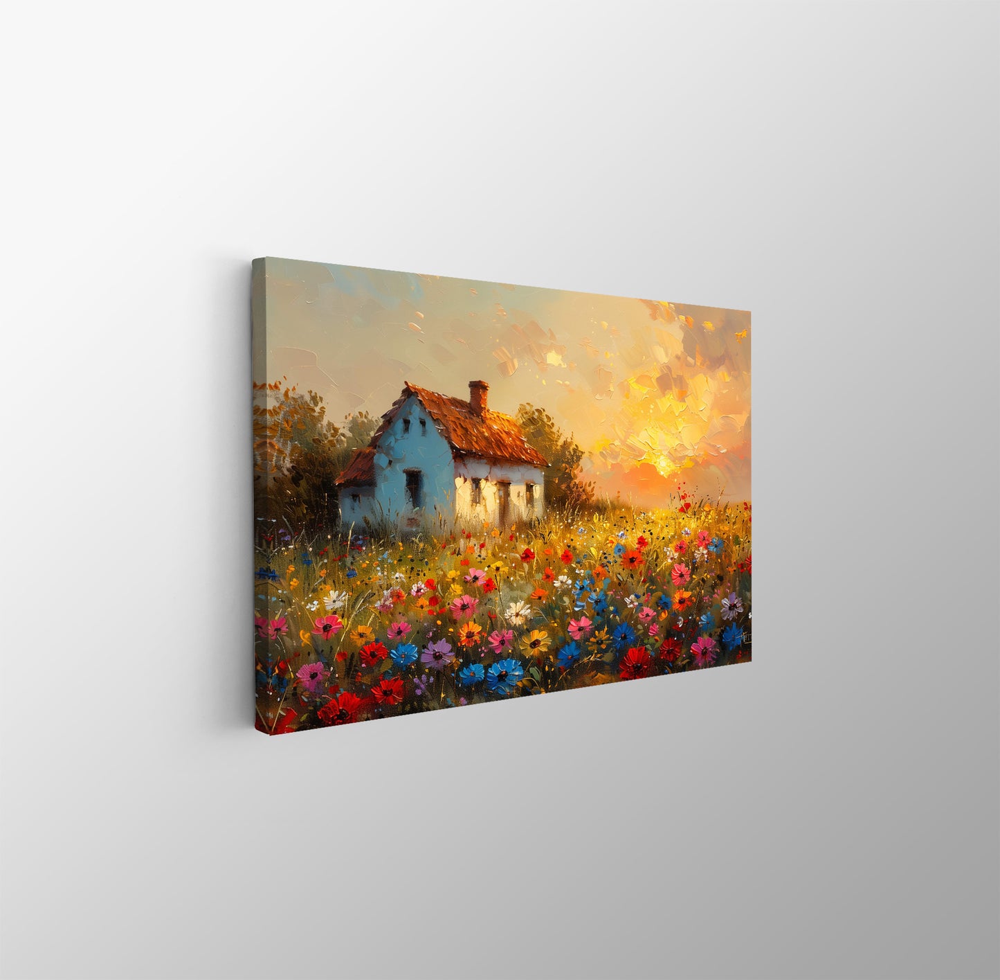 Tablou Canvas casuta rustica si camp de flori in lumina apusului | The Print Studio