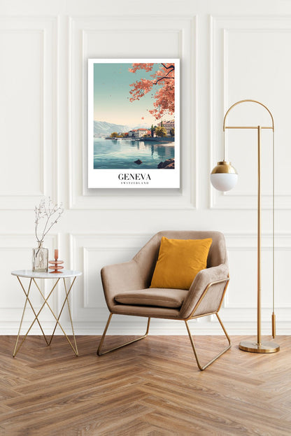 Tablou Canvas peisaj Geneva cu flori pastelate in stil vintage | The Print Studio