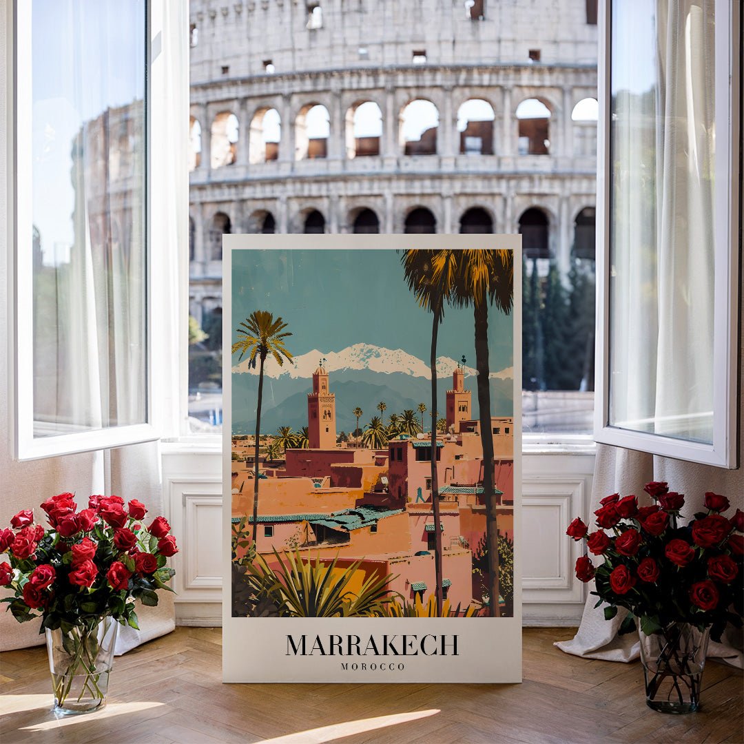 Tablou Canvas Print Marrakech apus vibrant palmieri stil ilustrativ