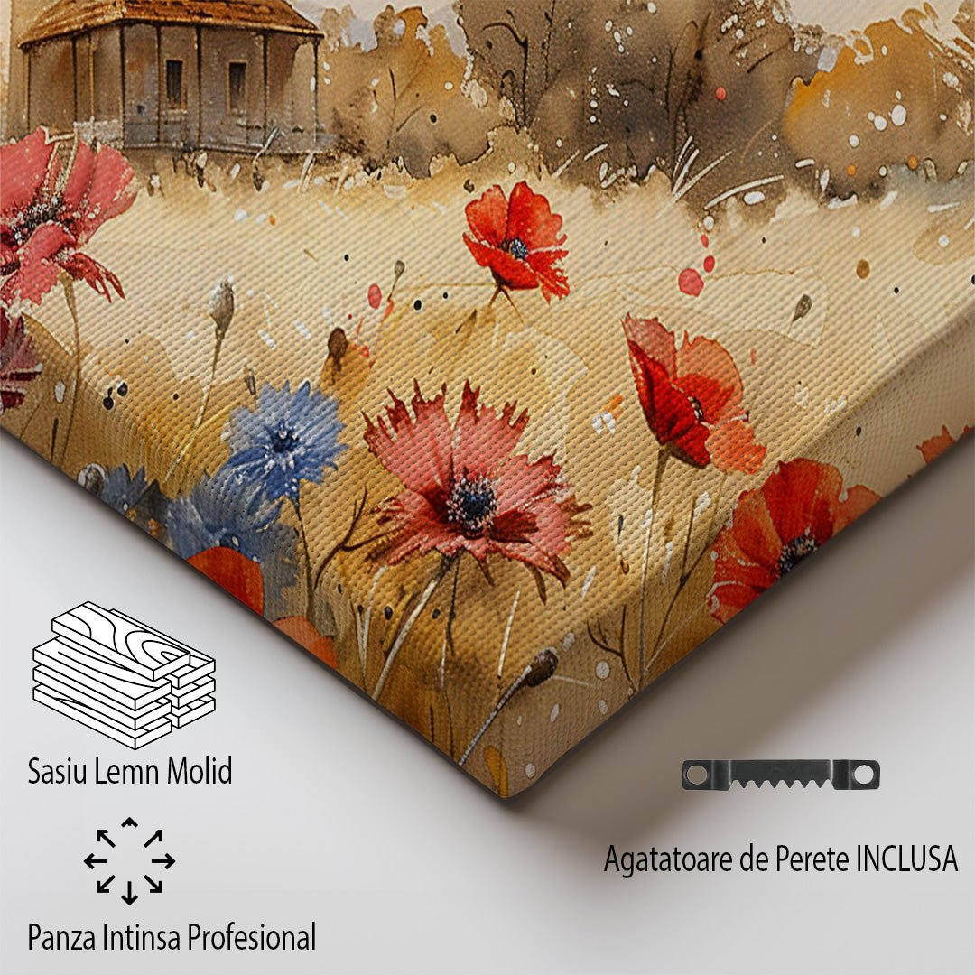 Tablou Canvas casuta rustica inconjurata de flori campestre | The Print Studio