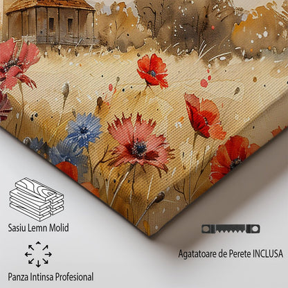 Tablou Canvas casuta rustica inconjurata de flori campestre | The Print Studio