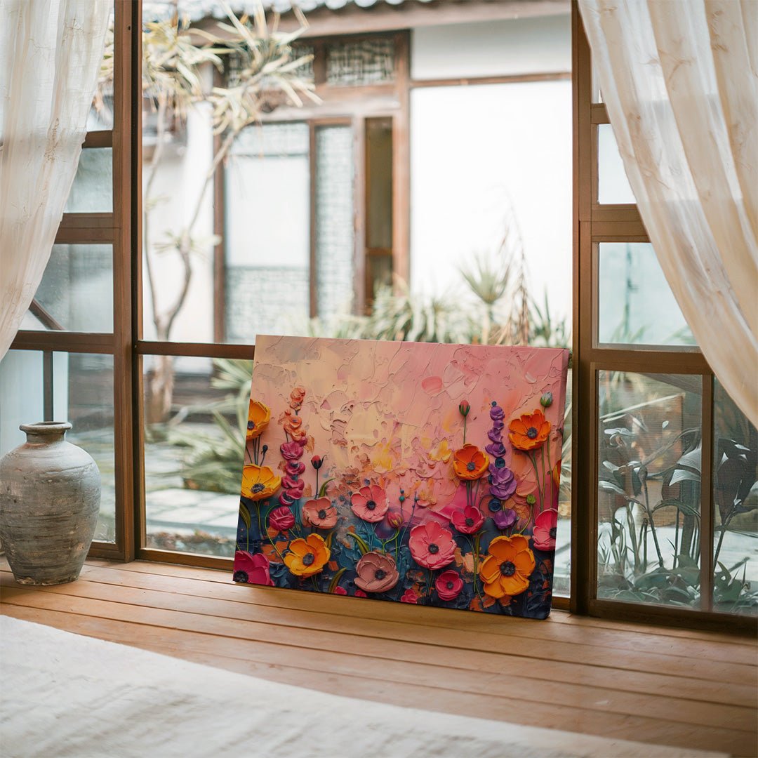 Tablou Canvas flori multicolore vibrante pe camp abstract | The Print Studio