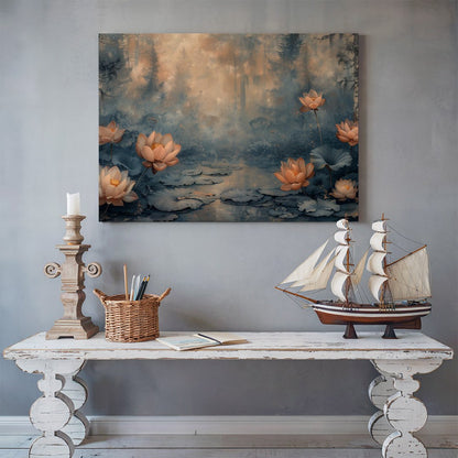 Tablou Canvas peisaj cu nuferi in apus romantic liniste calma | The Print Studio