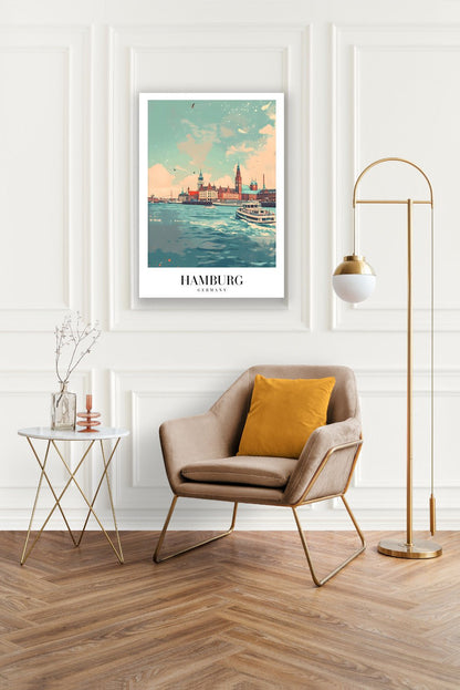 Tablou Canvas Print oras Hamburg, ape albastre, stil artistic vibrant