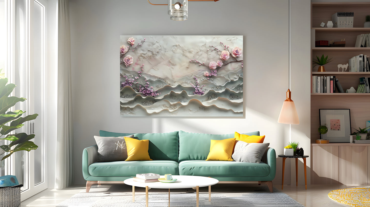 Tablou Canvas flori roz in relief pe ramuri texturate | The Print Studio
