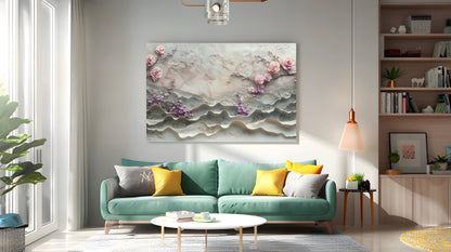 Tablou Canvas flori roz in relief pe ramuri texturate | The Print Studio