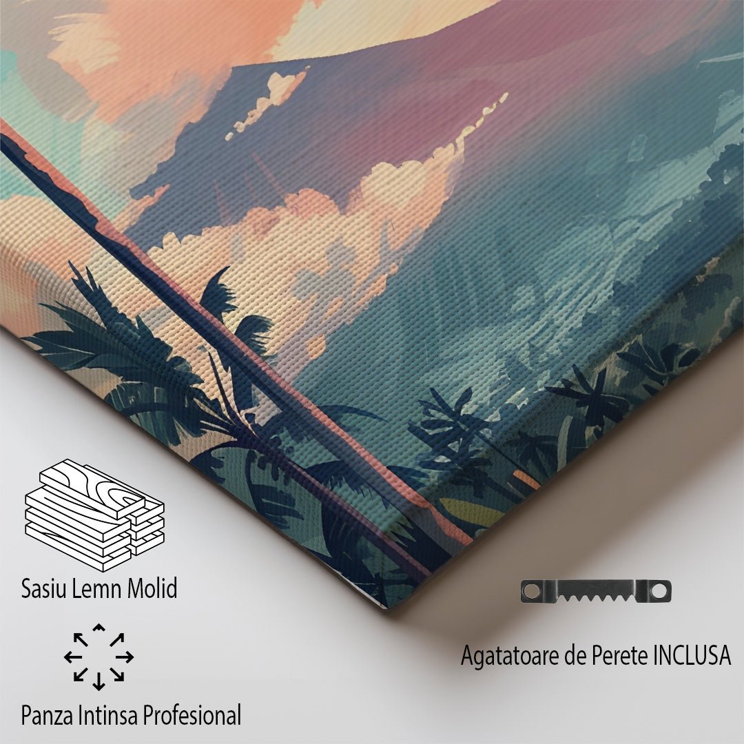 Tablou Canvas Print Bali apus muntos si palmieri, stil ilustrativ