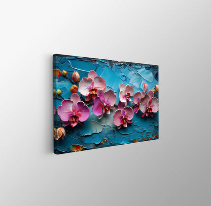 Tablou Canvas orhidee roz pe fundal albastru texturat | The Print Studio