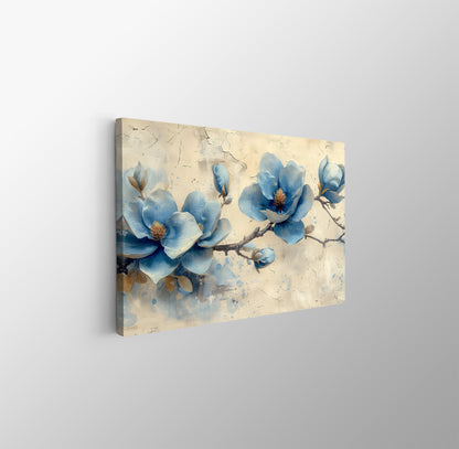Tablou Canvas flori albastre magnolie pe ramuri in stil realist | The Print Studio