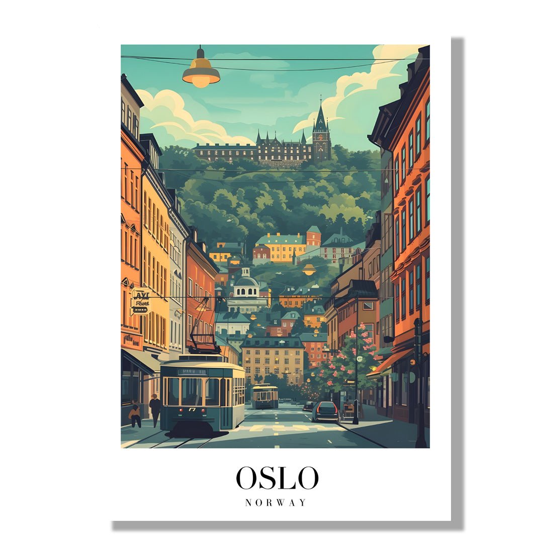 Tablou Canvas tramvai Oslo retro pe dealuri pitoresti | The Print Studio