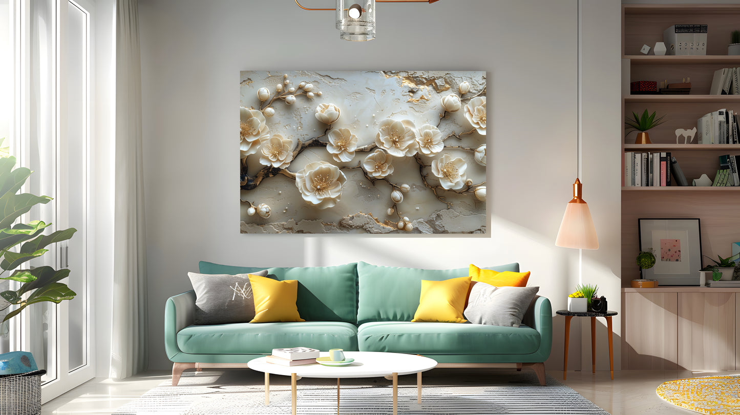 Tablou Canvas flori bej delicate pe ramuri in textura abstracta | The Print Studio