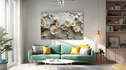 Tablou Canvas flori bej delicate pe ramuri in textura abstracta | The Print Studio