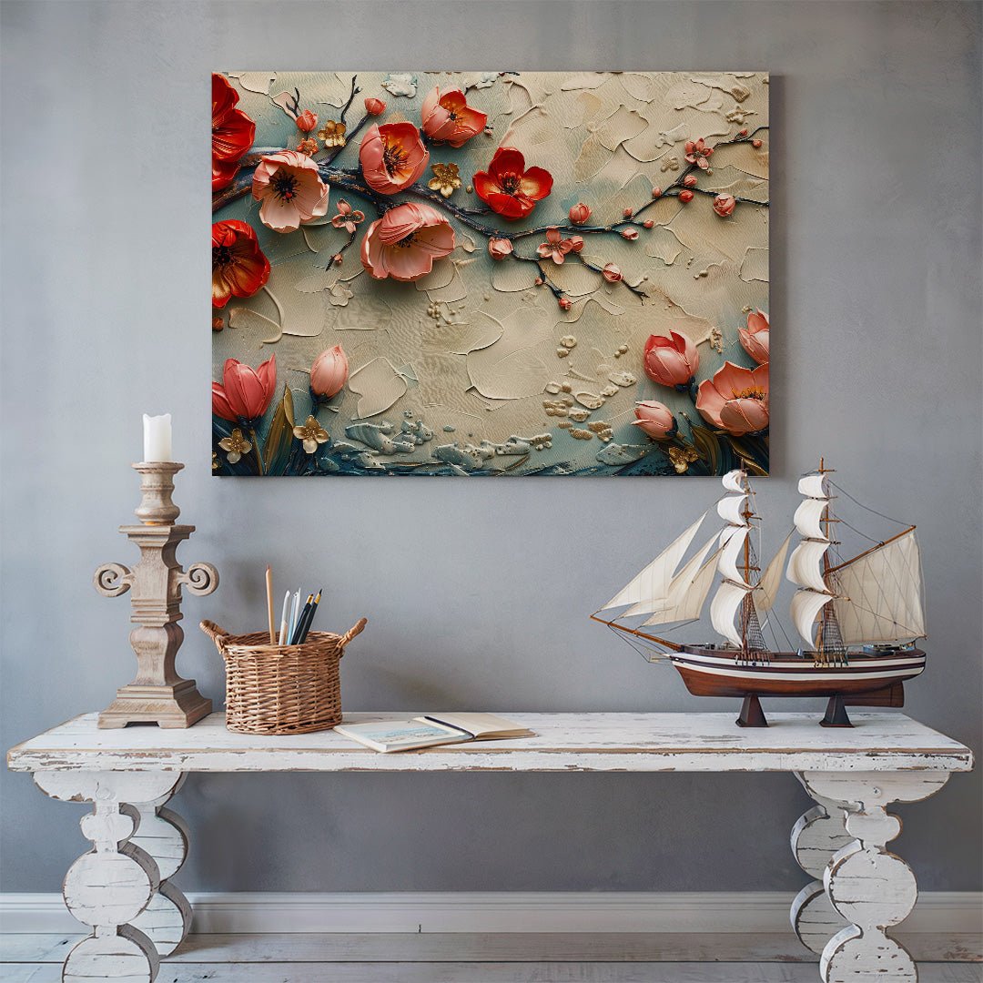 Tablou Canvas flori de primavara pe ramuri albastru pastel | The Print Studio