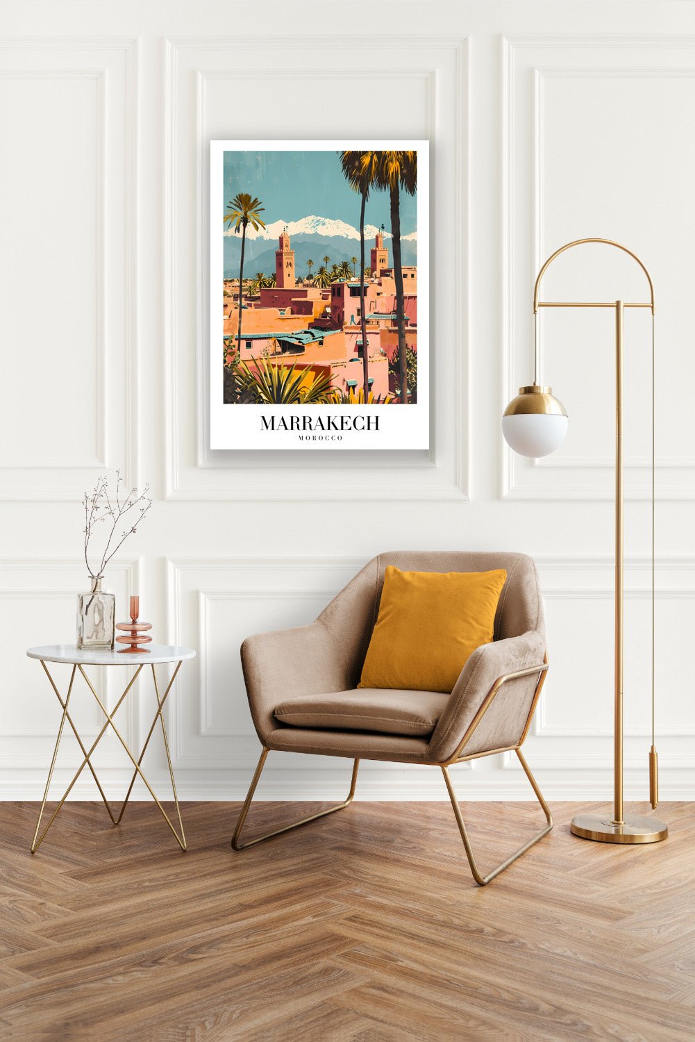 Tablou Canvas Print Marrakech apus vibrant palmieri stil ilustrativ