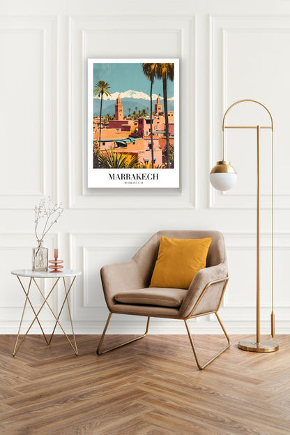 Tablou Canvas Print Marrakech apus vibrant palmieri stil ilustrativ