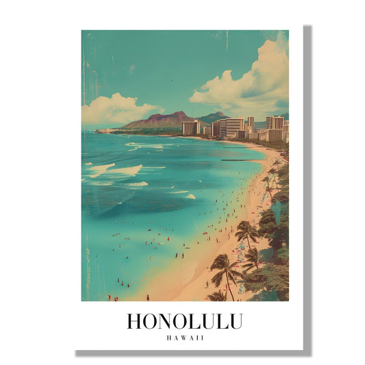 Tablou Canvas plaja Honolulu, mare turcoaz vintage romantica | The Print Studio