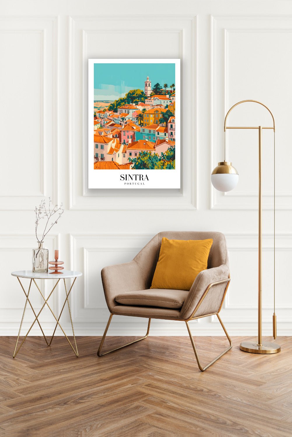 Tablou Canvas Print Sintra: case colorate si turn, stil artistic vibrant