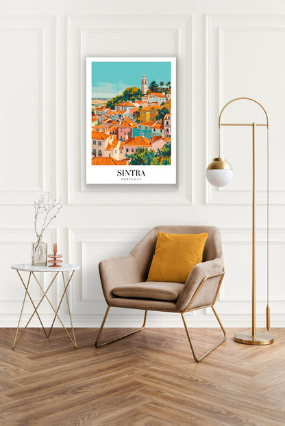 Tablou Canvas Print Sintra: case colorate si turn, stil artistic vibrant