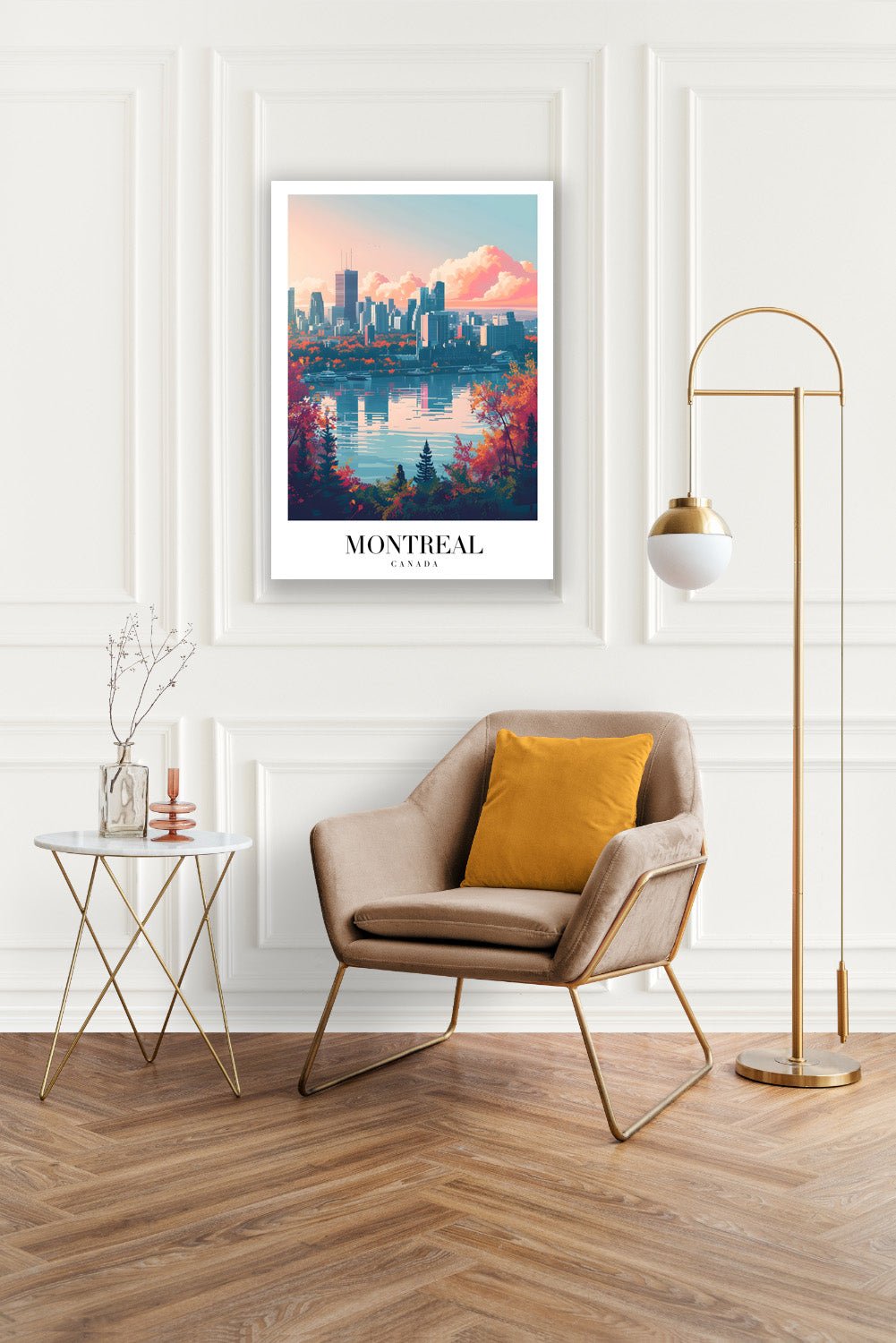 Tablou Canvas Print Montreal silueta urbana si cer roz, stil ilustrativ