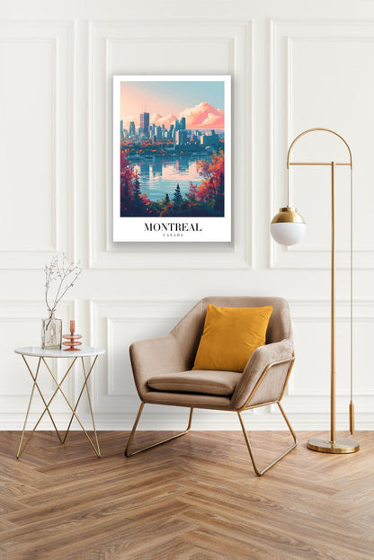 Tablou Canvas Print Montreal silueta urbana si cer roz, stil ilustrativ