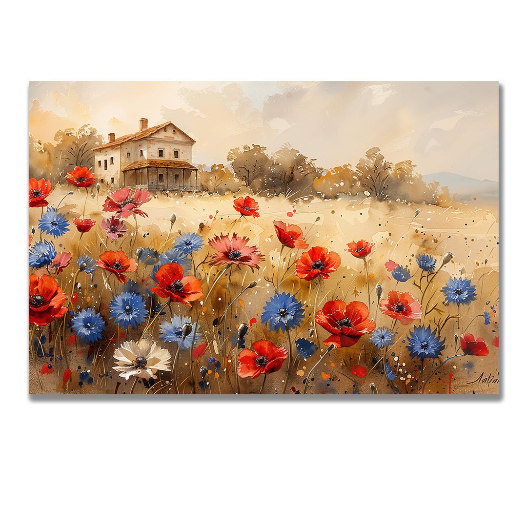 Tablou Canvas casuta rustica inconjurata de flori campestre | The Print Studio