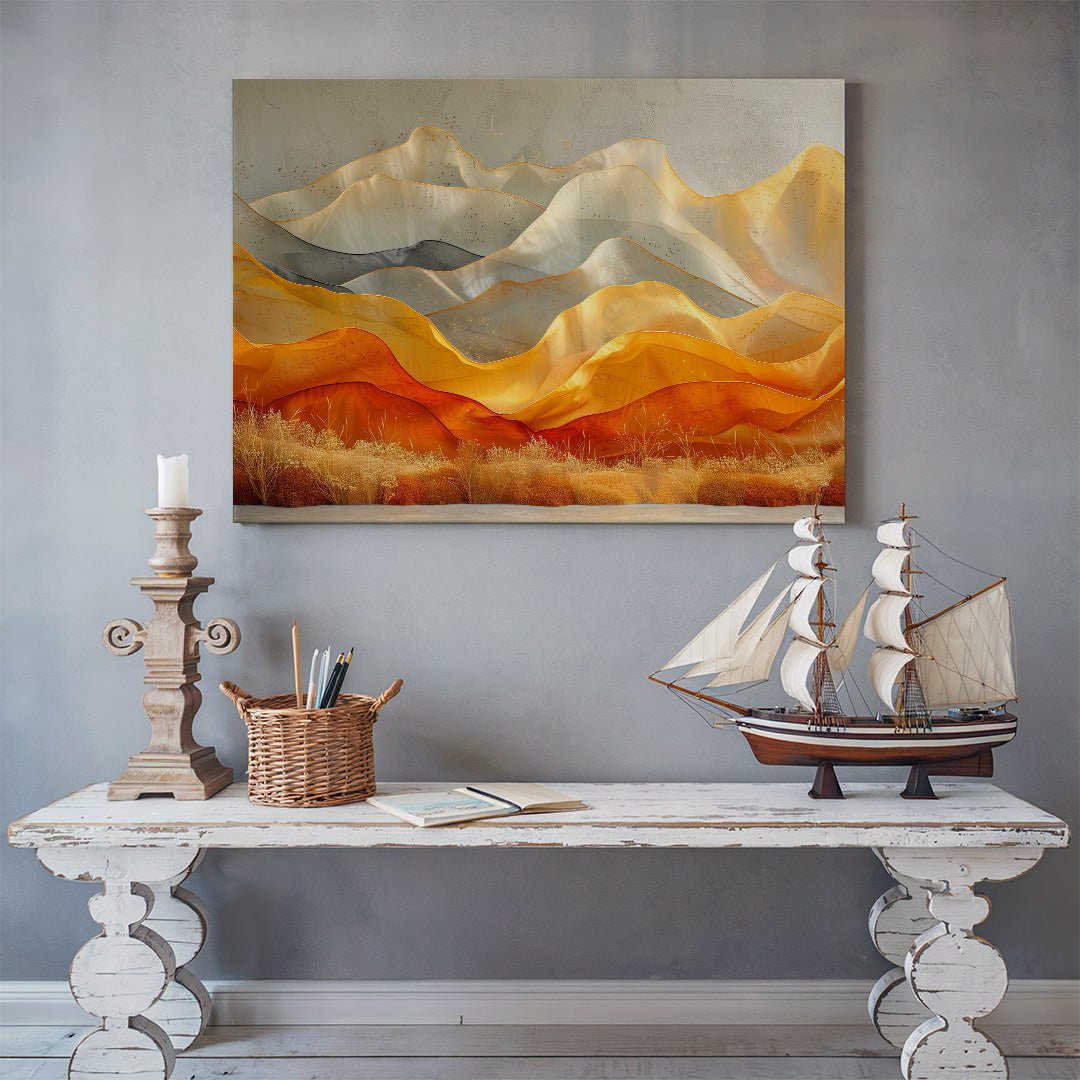 Tablou Canvas peisaj montan cu nuante calde si elemente abstracte | The Print Studio