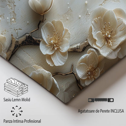 Tablou Canvas flori bej delicate pe ramuri in textura abstracta | The Print Studio