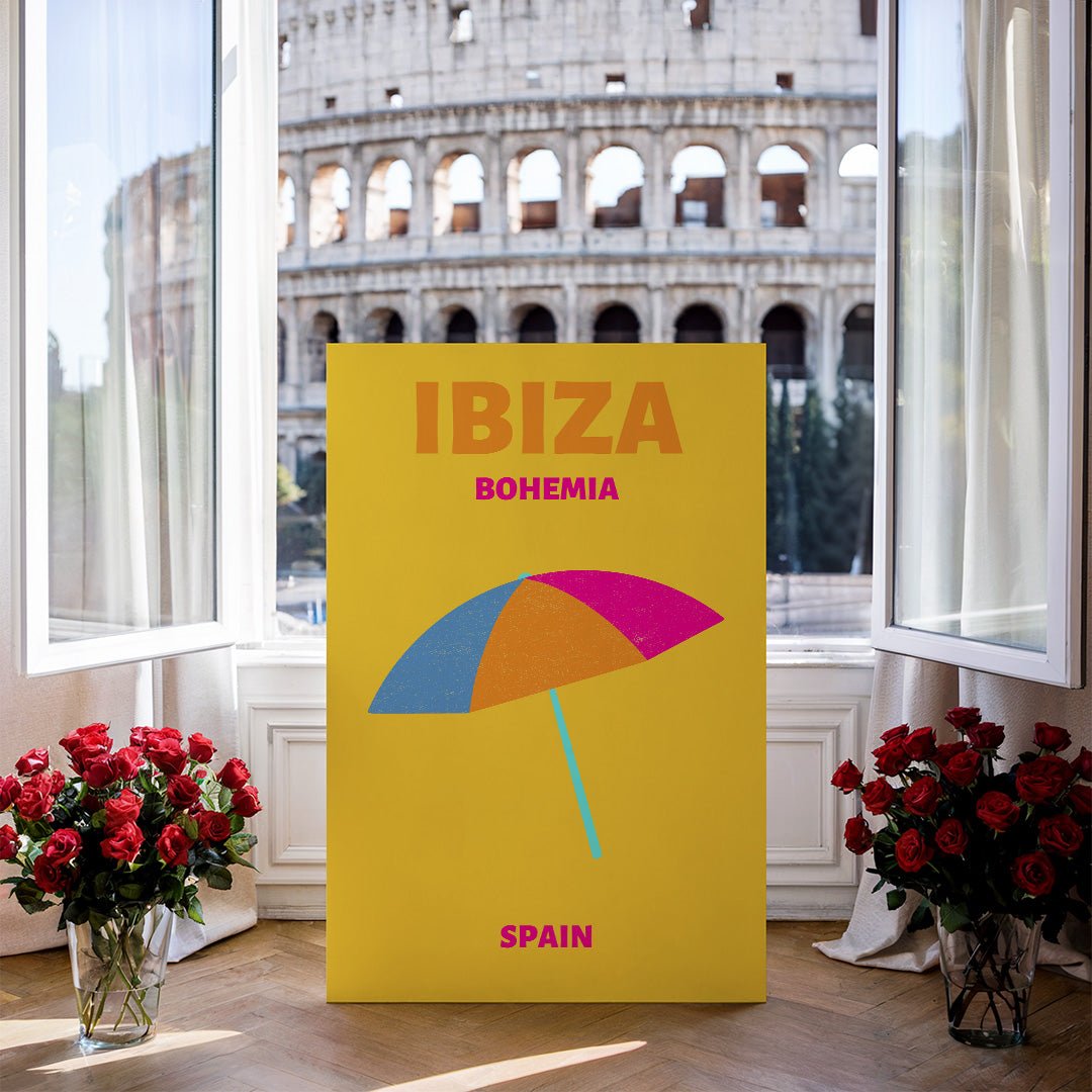 Tablou Canvas umbrela colorata pe plaja Ibiza minimalist | The Print Studio