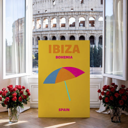 Tablou Canvas umbrela colorata pe plaja Ibiza minimalist | The Print Studio