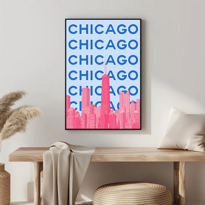 Tablou Canvas Chicago silueta oras colorata roz albastru vibrant | The Print Studio