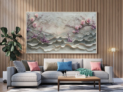 Tablou Canvas flori roz in relief pe ramuri texturate | The Print Studio