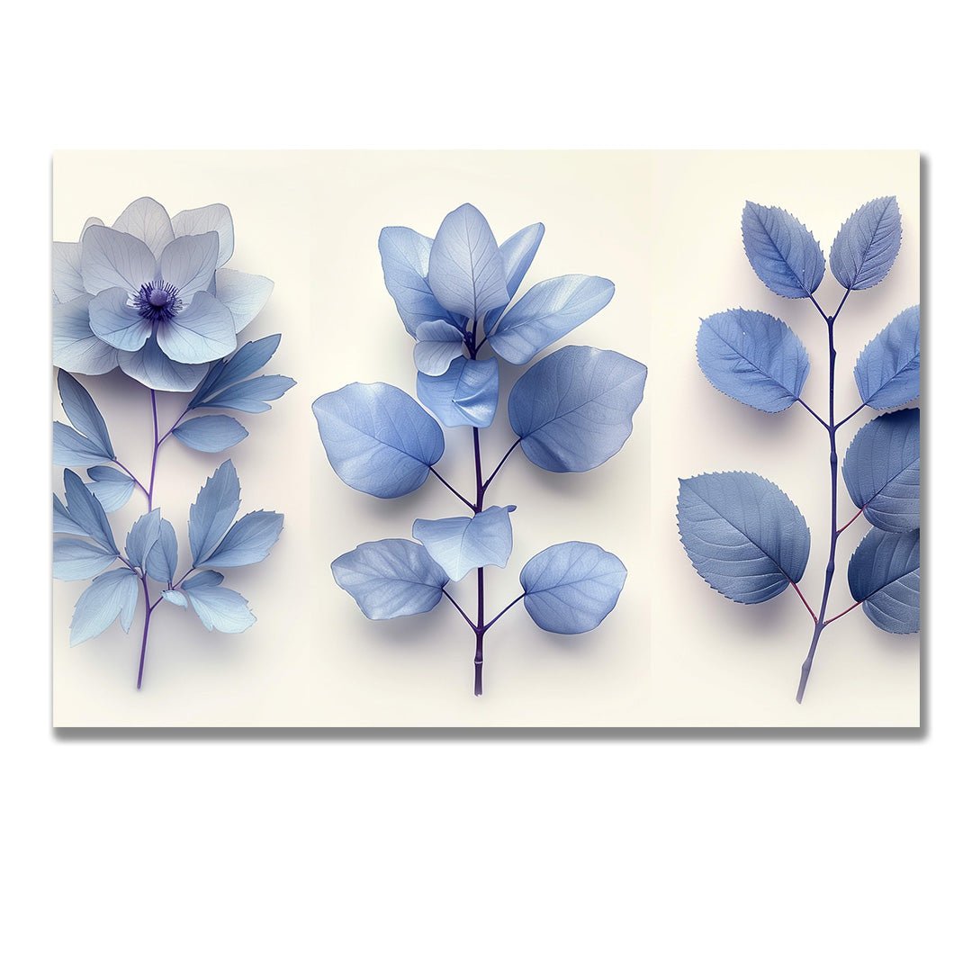 Tablou Canvas frunze albastre si flori delicate stilizate elegante | The Print Studio