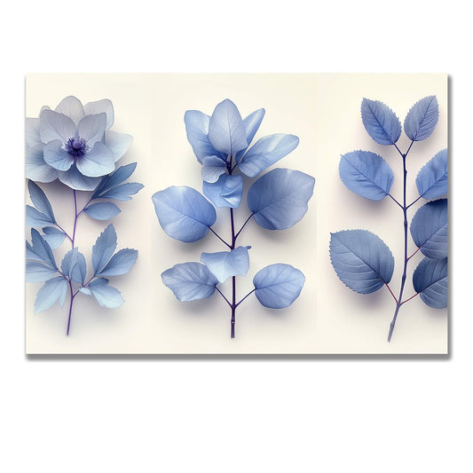 Tablou Canvas frunze albastre si flori delicate stilizate elegante | The Print Studio