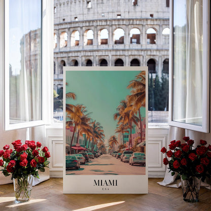 Tablou Canvas Miami palmieri sub cer senin atmosfera retro | The Print Studio