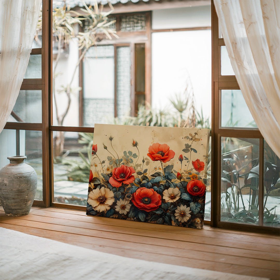 Tablou Canvas maci rosii si albe vintage in natura | The Print Studio