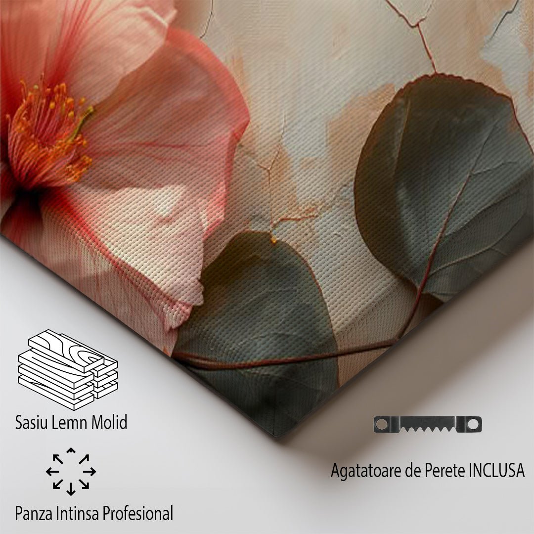 Tablou Canvas hibiscus roz si frunze verzi pe fundal rustic | The Print Studio