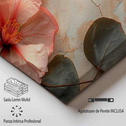 Tablou Canvas hibiscus roz si frunze verzi pe fundal rustic | The Print Studio